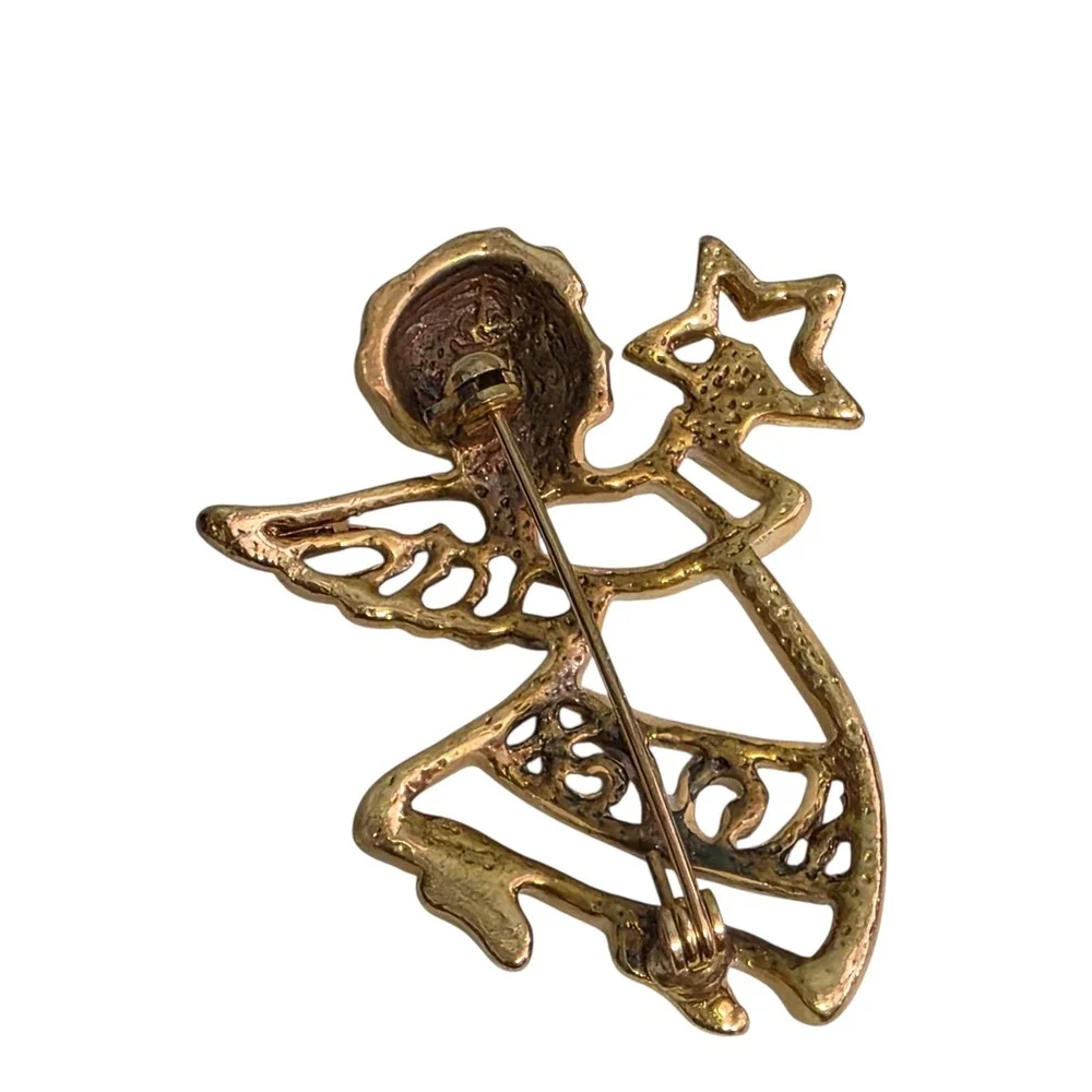Vintage Gold Tone Angel Holding‎ Star Brooch Pin Celestial Cherub Jewelry